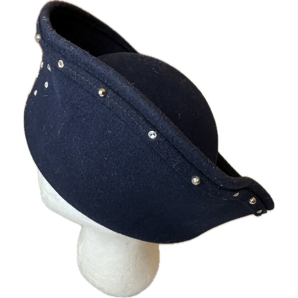 Jack McConnell Vintage Navy Wool Felt Hat Rhinestone Studs Structured Brim Navy